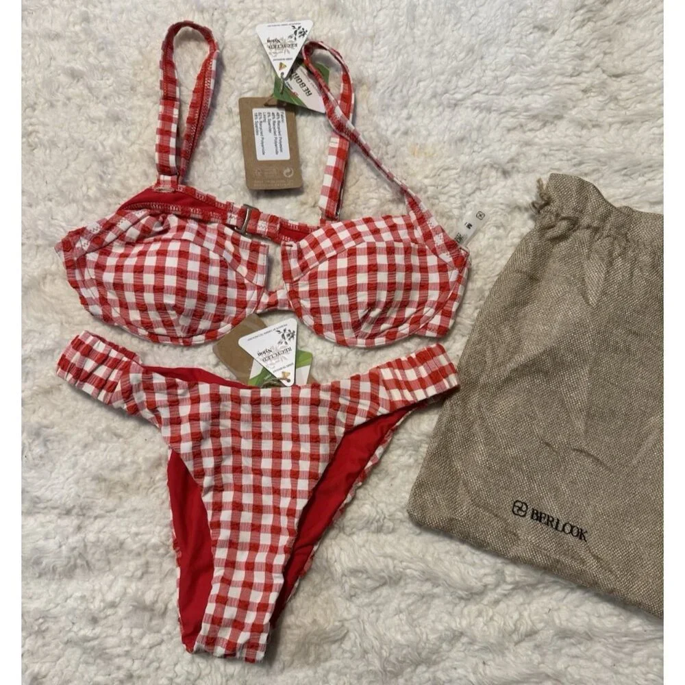 Berlook Two Piece RED White Push Up Bikini Swimsuit Size M NWT NEW W Bag